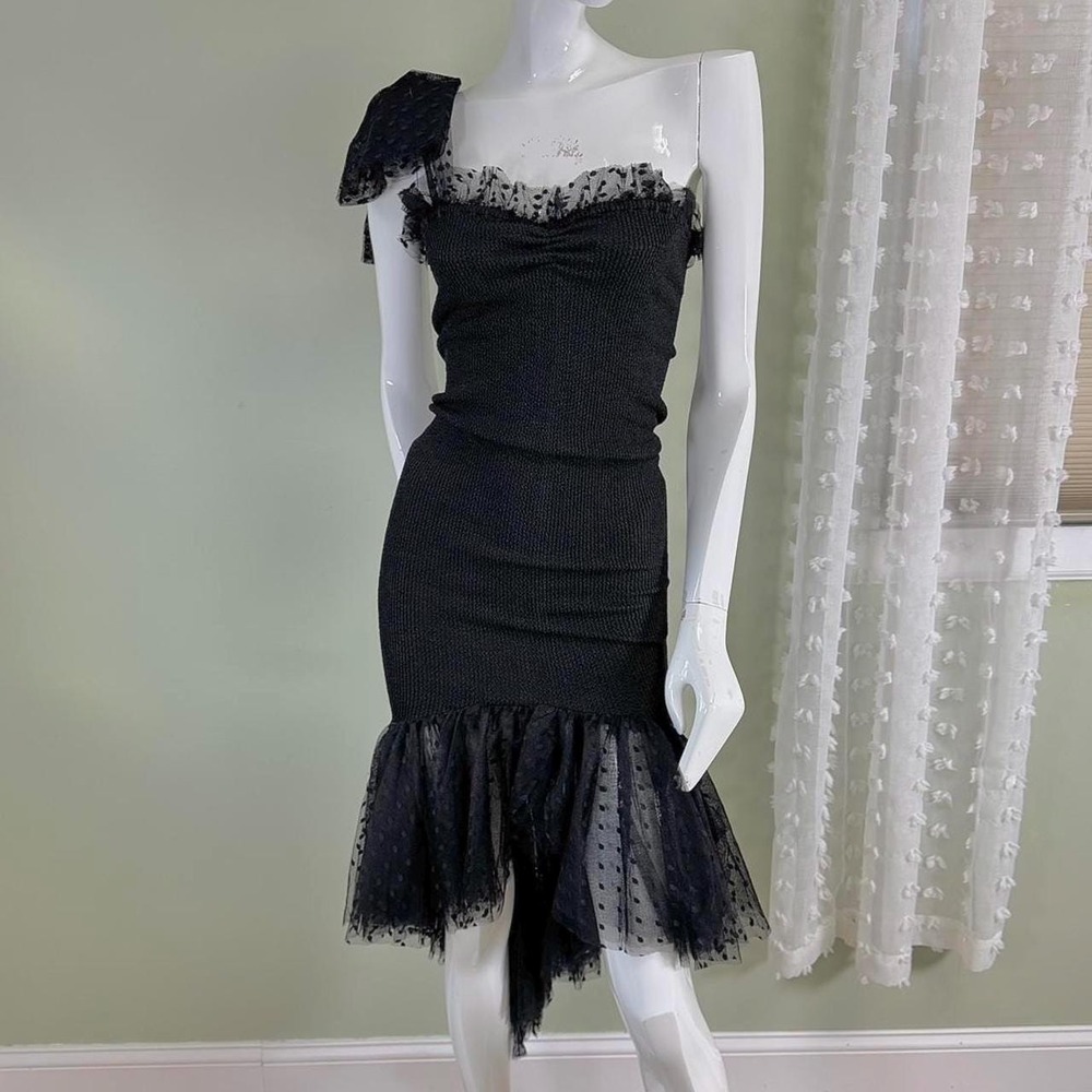 Vintage 80s Mademoiselle "Steppin Out" One-Shoulder Ruffle Dress – Black Mesh Do